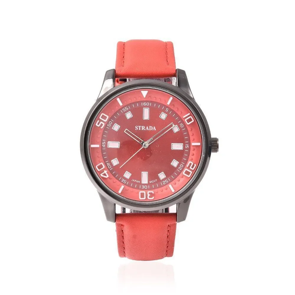 STRADA  Watch with Red Faux Leather Band and Stainless Steel Back